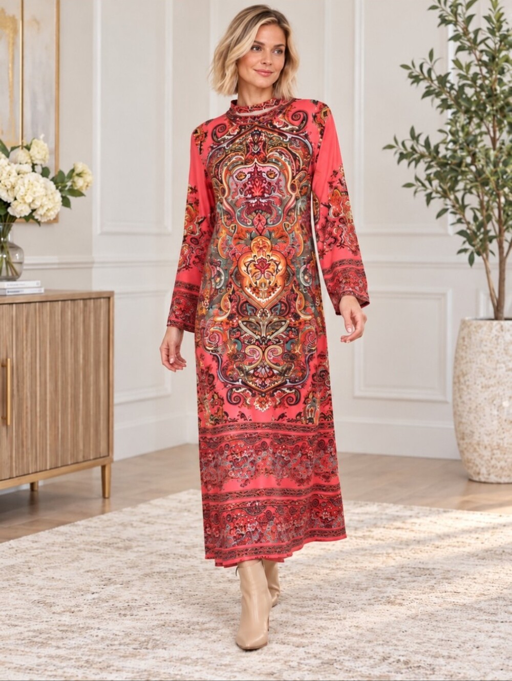 Boho Chic Coral Paisley Maxi Dress – Vibrant Vintage-Inspired Statement